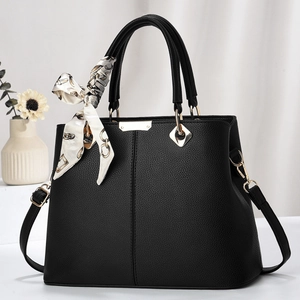 Women PU Leather Handbag Litchi Grain Trapeze Shoulder Bag With Decorative Scarf And Detachable Strap Fashion Tote