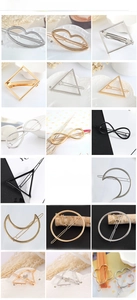 Collage of geometric hollow metal hair clips in gold, silver, and black finishes