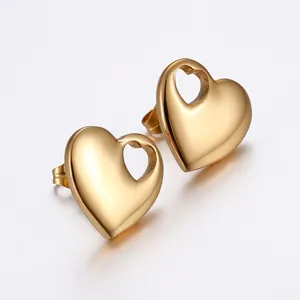 Heart Stud Earrings 18K Gold Plated Stainless Steel Hollow Love Shape Minimalist Polished Fashion Jewelry For Women