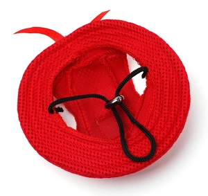 Detail of red breathable mesh pet hat with black adjustable drawstring and lock for dogs