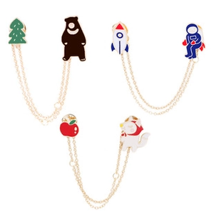 Detailed set of enamel collar pins with golden chains featuring animals and space motifs