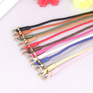 Handwoven slim faux leather belts for women in multiple colors with golden buckles