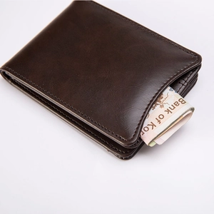 Classic dark brown bifold PU leather wallet for men with visible bill compartment