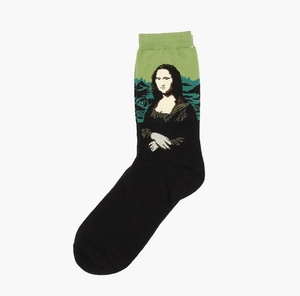 Detailed macro shot of cotton socks featuring Mona Lisa oil painting jacquard pattern