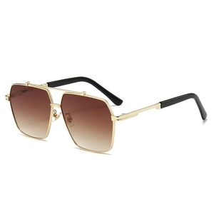 Trendy square double-bridge metal sunglasses with brown gradient lenses for men