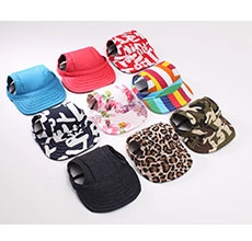 Matrix display of colorful canvas pet sun hats in various patterns for dogs and cats
