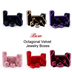 Octagonal Velvet Jewelry Box With Ribbon Bowknot For Ring Necklace Bracelet Pendant Display Gift Packaging Case