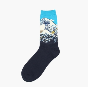 Detail of artistic cotton blend socks featuring Great Wave off Kanagawa oil painting print