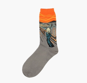 Detailed knit pattern of The Scream oil painting on gray and orange crew socks