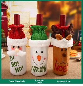 Detailed trio of Santa, Snowman, and Reindeer plush wine bottle covers in a holiday setting