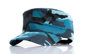 Blue camouflage canvas cadet cap with flat top and short brim, classic military style