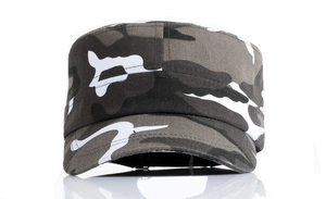 Classic camouflage cadet cap in black gray and white patterns with flat top design