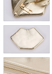 Close-up of golden lip-shaped PU leather coin purse with metallic zipper and SEONYU logo