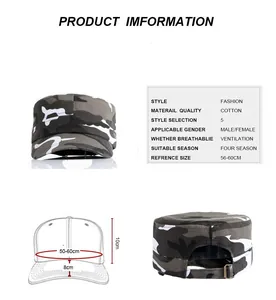 Detailed size chart for cotton camouflage flat top army cap with adjustable 56-60cm strap