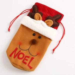 Christmas reindeer wine bottle gift bag with Noel print and festive red drawstring design