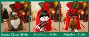 Three Christmas burlap drawstring bags featuring Santa, snowman, and reindeer 3D designs