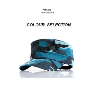Detail view of blue camouflage military flat top cap with high quality canvas texture