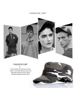 Fashionable camouflage cadet cap with woodland pattern shown in outdoor lifestyle imagery