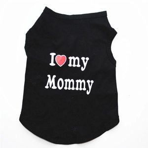 Detail of black pet dog vest with white I Love My Mommy print and reinforced stitching