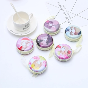 Close-up of cute cartoon girl tinplate coin purses with zipper closure and lanyards
