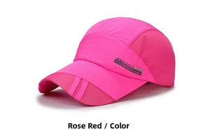 Detail of rose red quick-dry sports cap with breathable mesh and side sports logo