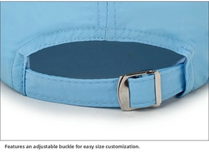 Macro detail of breathable quick-dry sun hat with adjustable metal buckle in light blue