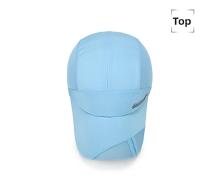 Close-up of the light blue sun hat with breathable mesh side panels and quick-dry fabric