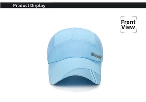 Front view of light blue quick-dry baseball cap with breathable side mesh panels