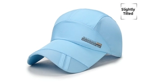 Detail view of sky blue quick-dry sun hat with breathable mesh and SPORTS text