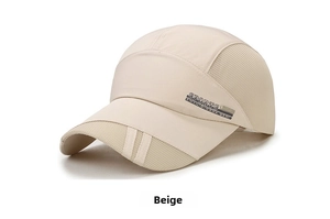 Detail of beige breathable mesh panels and SPORTS logo on quick-dry athletic cap