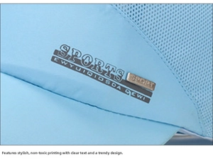 Macro detail of breathable mesh fabric and sports logo on a light blue outdoor cap