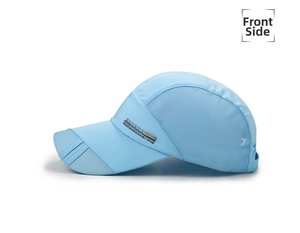 Detail of light blue mesh baseball cap showing breathable fabric and sports tag side view