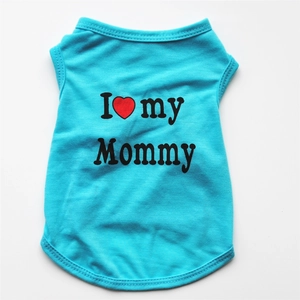 Detailed top view of a lake blue cotton pet vest with I Love my Mommy print