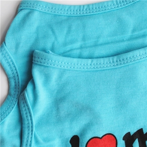 Detailed close-up of sky blue cotton dog vest neckline with precise stitching and heart print