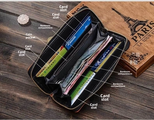 Detailed view of large capacity long zipper wallet with multiple card slots and coin pocket