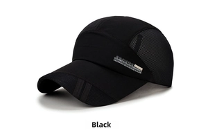 Detail of black quick-dry sport cap featuring breathable side mesh and Sports text
