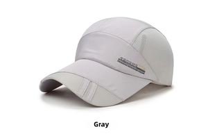 Detail of grey quick-dry outdoor sport hat showing breathable mesh and sports logo
