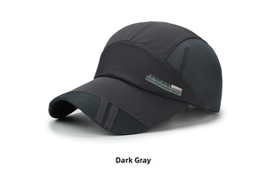 Detail of dark grey quick-dry sports cap with breathable mesh and stripe design