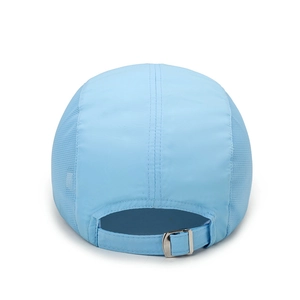 Rear view of a light blue breathable quick-dry sports cap with adjustable metal buckle strap