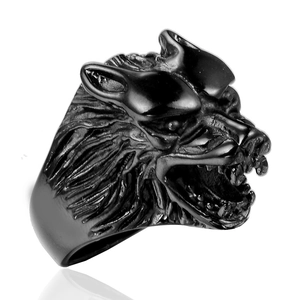 Bague tête de loup en acier inoxydable noir avec sculpture 3D détaillée pour hommes