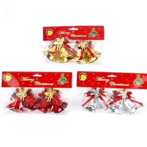 Set of 4.5cm electroplated Christmas bells in gold, red, and silver with festive bows