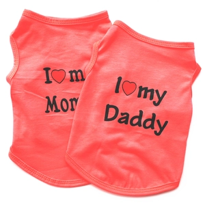 Pair of coral orange cotton dog vests featuring I Love My Mom and Daddy prints