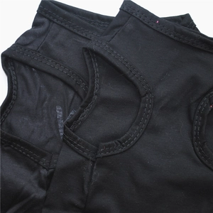 Detail of neat lockstitch seam craftsmanship on black knitted pet vest necklines