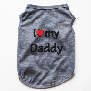 Close-up of grey knitted dog vest featuring a clear I love my Daddy print and soft texture