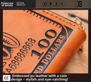 Detailed macro view of the vintage dollar pattern embossing on brown PU leather wallet