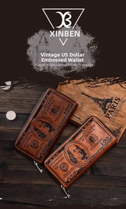 Detailed retro 100 dollar bill embossment on premium brown long and short zip wallets