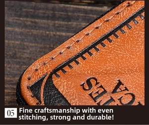 Close-up of vintage dollar style long wallet showing orange leather and fine stitching