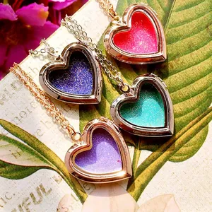 Floating heart locket necklace with colorful glitter enamel in gold and silver plating