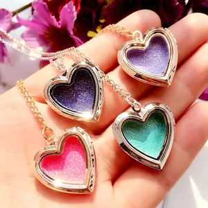 Vintage Copper Heart Shaped Floating Locket Necklace With Glitter Enamel Hollow Out Pendant Jewelry For Women Daily Gift