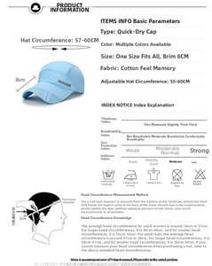 Detailed size chart and washing guide for quick-dry sun hat with 8cm brim